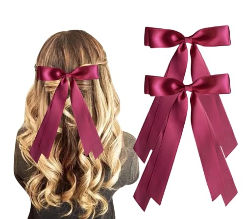 Silky Satin Ribbon Bow Hair Clips for Women Bowknot Hair Ponytail Holder Accessories for Women Girls Toddlers Teens Kids Party Wedding Prom Daily Outfits (Wine Red*2)