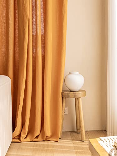 ILUOGUDU 100% Natural Linen Semi Sheer Window Curtain Panels Drapes for Living Room Boho Neutral Pinch Pleated Long Curtains Set 2 for Farmhouse Decor Bedroom,Orange,Custom Size