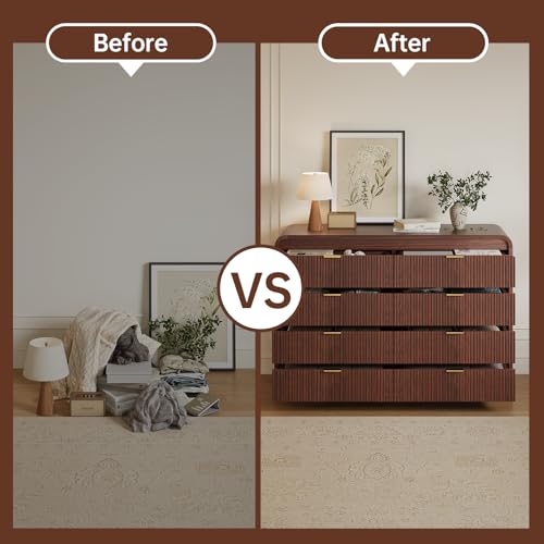 FURSUN Fluted 8 Drawers Dresser for Bedroom, 55" Wide Wooden Dresser with Metal Handle, Curved Profile Design, Modern Storage Organizer for Living Room, Hallway (Walnut)