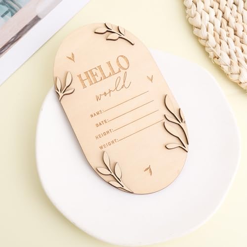 Image of Baby Announcement Sign for Newborn, 5.9 Inch Hello World Wooden Newborn Sign Boys Girls Birth Announcement Board Welcome Name Plaques for New Baby Photo Prop Nursery Hospital