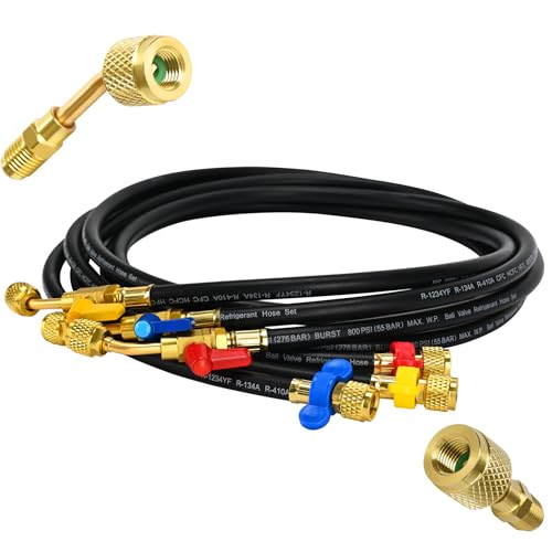 2026 Upgraded 1/4 A2L Refrigerant Hoses 72 45 & 180 Left-Hand Thread Adapters Custom Pressure Relief Groove Compact Ball Valve Refrigerant Hoses for R-1234YF/R-134A/R-32/R-454B/R-410A(3 Pcs)