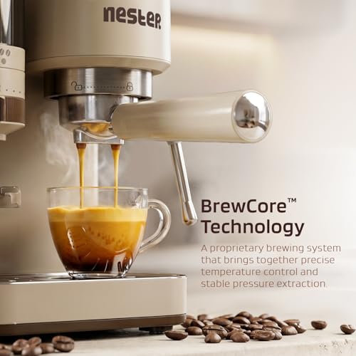 Image of NESTER Home Barista Coffee Machine - 20 Bar Italian Ulka Pressure Pump, Built-in Grinder, BrewCore Technology, PID Temperature Control, Espresso, Americano, Steam & Pod Compatible - Dalgona Brown