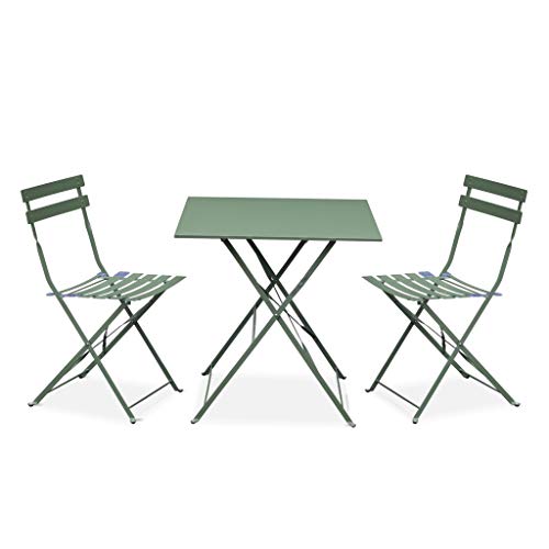 Alice's Garden - Salon de Jardin bistrot Pliable - Emilia carré Vert de Gris - Table 70x70cm avec Deux chaises Pliantes. Acier thermolaqué