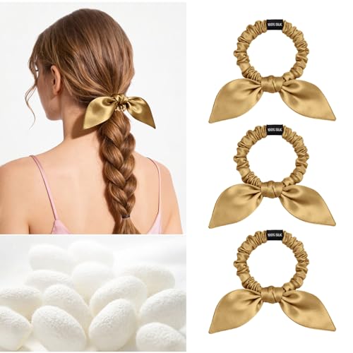 Image of THXSILK 100% Mulberry Silk Bow Scrunchies 3-Pack, 22 Momme Mulberry Silk Hair Ties for Women, Cute Bunny Ear No Damage Ponytail Holders, Fashion Hair Accessories for Girls(S, Metallic Gold)