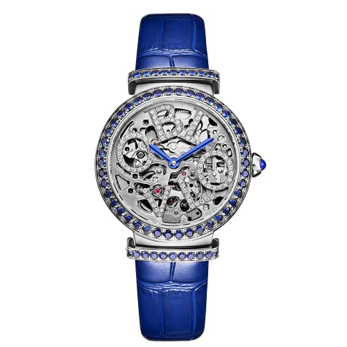 OBLVLO BW Mujeres Relojes automáticos Esqueleto Dial Top Marca Lujo Mujer Reloj De Pulsera Cuero, Bm yll