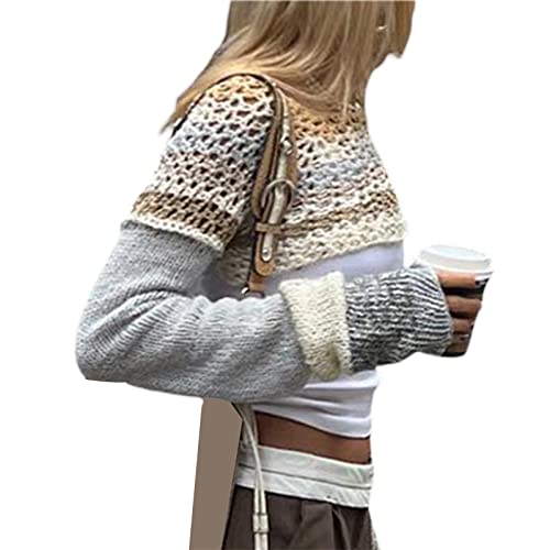 Women Wild Knitted Sweater Shrug Contrast Color Hollow-Out T-Shirt Round Neck Long Sleeve Crop Tops Streetwear4