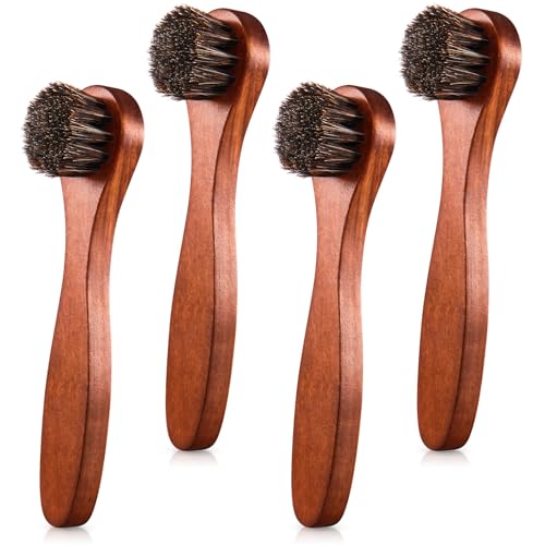 Image of 4 Pcs Horsehair Shine Shoes Brush Kit Polish Dauber Applicators Cleaning Leather Shoes Boots Care Brushes Suede Cleaner Brush with Microfiber Shoe Cloth(Brown Handle A)