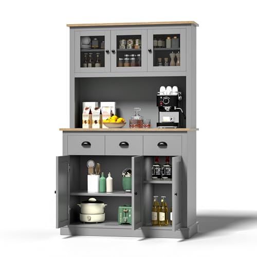 Image of MU 71 inch Kitchen Pantry Cabinet with Charging Station, Tall Kitchen Hutch with Countertop, Drawers & Microwave Shelf, Food Storage Cabinet, Grey