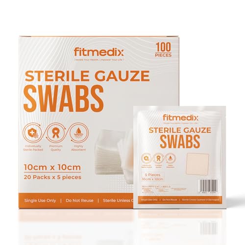 FitMedix Premium Sterile Gauze Swabs for Wound Care- Soft Non Woven Cotton Swabs for Cleaning & Dressing Changes- Breathable Non Adherent Dressing Gauze Pads for First Aid (10cm x 10cm - Pack of 100)