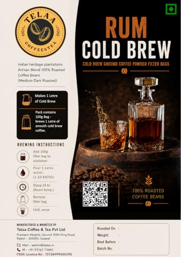 Image of Rum Barrel Aged Cold Brew - 100 g Ready Bag | Makes 1 L Smooth Premium Cold Brew | By Telaa Coffee and Tea
