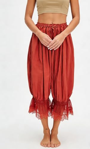 Image of NUFIWI Women Ruffle Long Bloomer Y2k Lace Trim Pettipants Pantaloons Mid Rise Cropped Pajama Pants Under Dress Slips