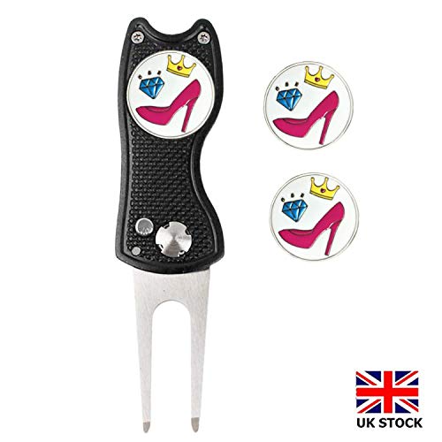 Jeantet Sport Golf Divot Repair Tool With Ball Marker UK Flag Value Pack, Switchblade Durable Pitch Fork Golf Club Pocket Free Extra 3 Ball Makers Color Black Blue Red (Black+High heels Ball Marker)