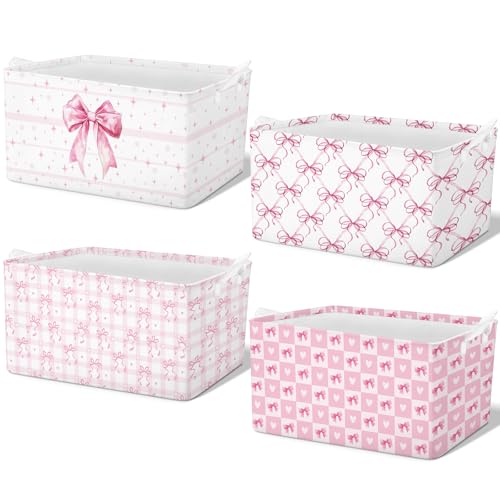 Image of Bulyoou 4 Pcs Pink Bow Storage Basket for Gifts Collapsible Girls Coqutte Pink Storage Bins with Handle Cute Preppy Foldable Laundry Organizer for Home Bathroom Bedrooms Baby Clothes Toys Books
