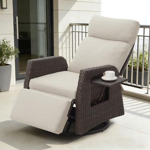 Mvpipi Adjustable Outdoor Recliner Chair with Independent Backrest & Footrest, Patio Swivel Recliner Chair, Wicker Reclining Patio Chair w/Flip-Up Table, Air Pump 155° Lay Flat Chaise Lounge, Beige