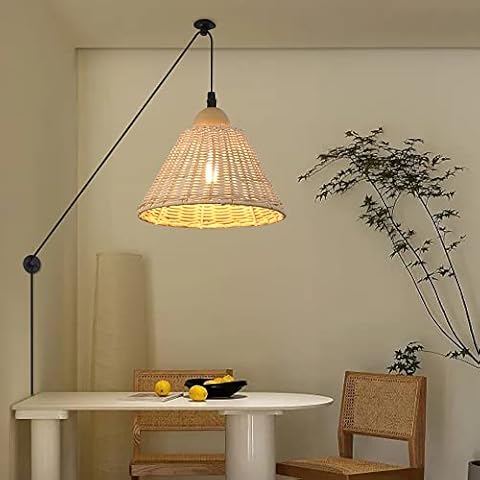 Plug in Cord Bamboo Pendant Lighting for Kitchen Island, Modern Rattan Ceiling Hanging Wicker Lamp, Basket Chandelier Wall Light Fixture for Living Room Dining Room Restaurant (Trapezoid Lampshape) Cover