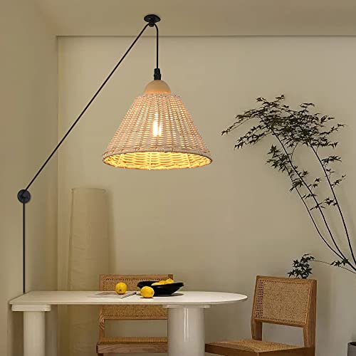 Plug In Cord Bamboo Pendant Lighting For Kitchen Island, Modern Rattan Ceiling Hanging Wicker Lamp, Basket Chandelier Wall Light Fixture For Living Room Dining Room Restaurant (Trapezoid Lampshape) #TOP9