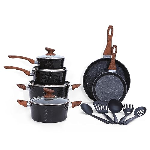 Kitchen Academy 15 Pieces Nonstick Granite-Coated Induction Cookware Set, Non-Stick Induction Pot and Pan Set, Cooking Pots Set, Frying Pan Set - Aluminium Hammered Black