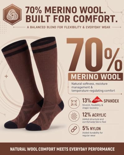 Image of 70% Merino Wool Compression Socks For Women Men, 15-20 mmHg