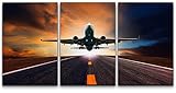wall26 - 3 Piece Canvas Wall Art - Passenger Jet Plane Flying over Airport Runway Against Beautiful Dusky Sky - Modern Home Decor Stretched and Framed Ready to Hang - 16