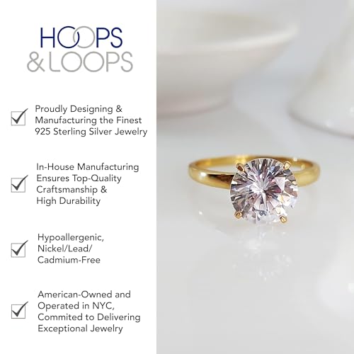 Hoops & Loops 925 Sterling Silver 1.0-3.0 Carats Round Brilliant Cut Cubic Zirconia Solitaire Engagement Bridal Wedding Statement Band Ring for Women, Silver & Yellow Gold Flashed Sterling Silver3