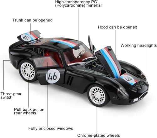 Image of 1 /32 Ferrari Race and Ferrari 250 GTO Model Luxury Car Toy Metal Pull Back Diecast Car with Openable Door and Sound Light, Gifts Toys for Kids【 Black 】