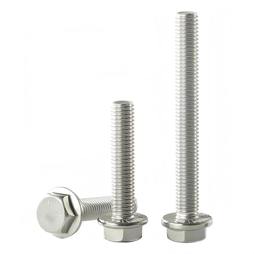 Image of M8x1.25 x 100mm Flanged Hex Head Bolts, 304 Stainless Steel (A2-70), Bright Finish, Fully Threaded, Hexagon Head Flange Bolts, Quantity 6