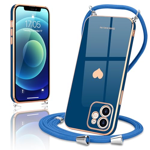 Wirvyuer Chaîne de téléphone portable - Coque de protection compatible avec iPhone 12 - Avec cordon à accrocher - Protection de l'appareil photo - Cœur d'amour - Avec collier - En silicone galvanisé -