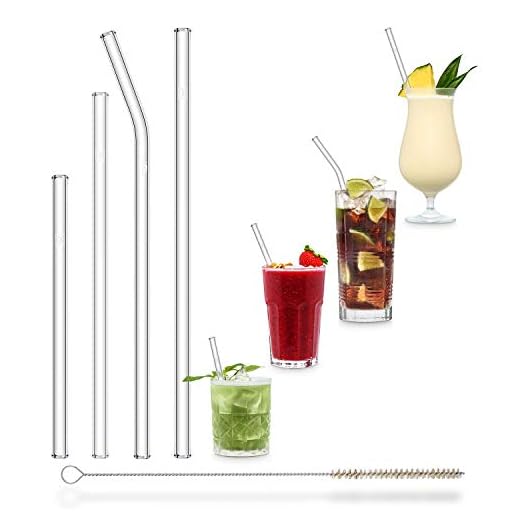 HALM Glas Strohhalme Wiederverwendbar Trinkhalm - Starter Set 4 Stück Glastrinkhalme + plastikfreie Reinigungsbürste - Spülmaschinenfest - Nachhaltig Glastrinkhalme Glasstrohhalme - Cocktail Smoothie