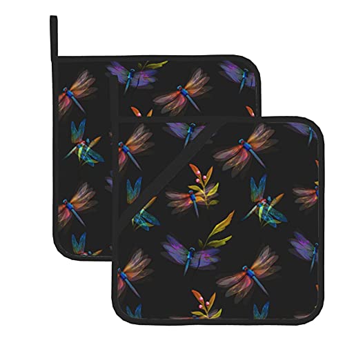 Potholders 2 Pieces Set, Colorful Dragonfly Hot Pads With Anti-Scald Cotton Infill Material #TOP1