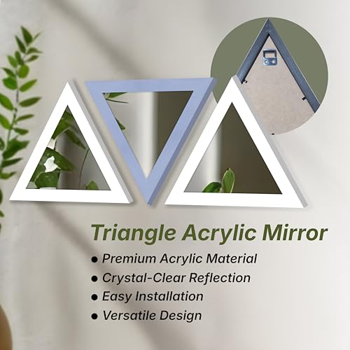 Image of Art Street Acrylic Triangle Decorative Wall Mirror Set of 3 Triangle Shape Mirror for Home Decoration, (9x9 Inch, White, Light Blue)