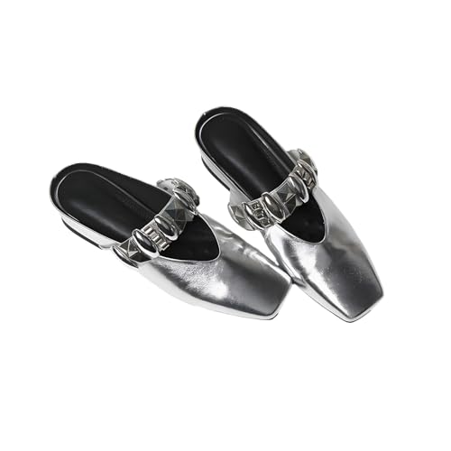 Women's Square Toe Mule Slippers with Metal Buckle, Black and Silver, Retro British Style, 1-inch Block Heel