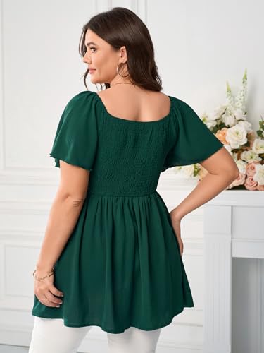 Women's Plus Size Dressy Tops Square Neck Short Sleeve Smocked Peplum Blouse Tops Shirts4