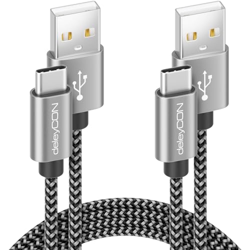 deleyCON USB-C Kabel SET (2 Stück je 1m) Nylon Ladekabel Datenkabel USB Typ C Metallstecker Laden & Synchronisieren von Handy & Smartphone