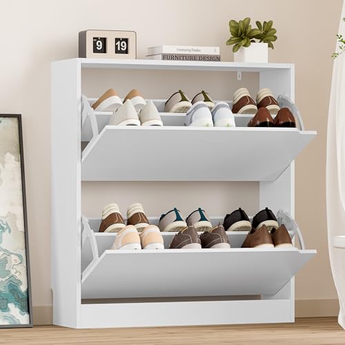 Image of BORNOON Shoe Cabinet with 2 Flip Drawers, Slim Narrow Shoe Storage Cabinet, Freestanding Shoe Organizer with Adjustable & Removable Shelves, Top Display Shelf for Entryway, Hallway, Foyer, Closet
