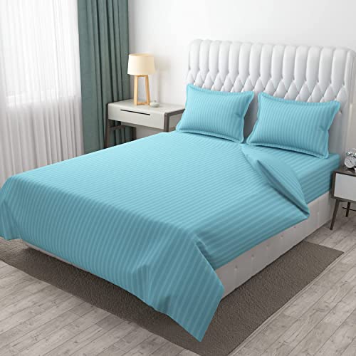 Image of 300 TC Glace Cotton Plain Stripe Queen Size Single Bedsheet with 1 Pillow Cover for Home, Hotel, Guest Room (60 X 90) Inch Aqua Pack 1