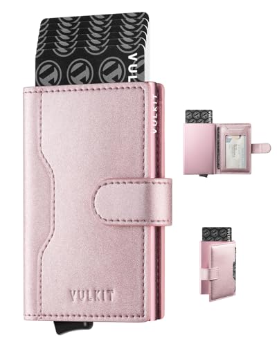 Image of VULKIT Slim Bifold Pop up Wallet Minimalist Leather Card Holder RFID Blocking Metal Card Case with ID Window for Women | with Leather Slots