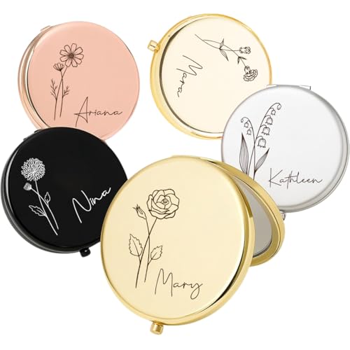 KeenlyMade Personalized Compact Travel Mirror with Birth Flower and Name 2x/1x Magnifying Portable Mirror Small Cosmetic Makeup Mirror Gift for Bridesmaid Mother Graduation Nurse