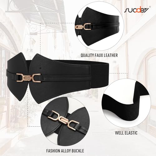 Image of SUOSDEY Women's Elastic Wide Waist Belt for Dress Retro Stretchy Leather Cinch Belt with Gold Buckle, 01-black, Fits Waist From 27 inch-31 inch