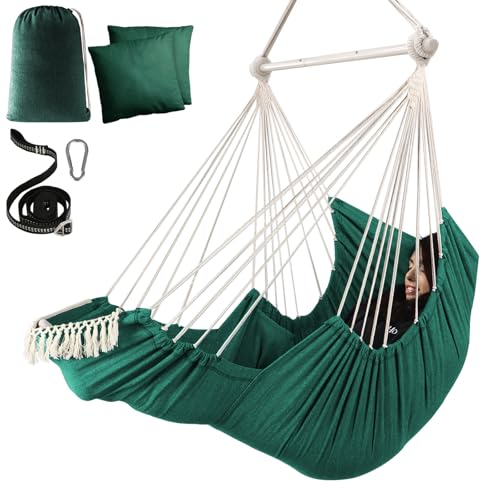 Image of Chihee Hammock Chair Hanging Chair with Foot Rest 2 Cushions Max 500lbs Robust Metal Spreader Bar Collapsible Easy Storage Soft Cotton Swing Chair Strong Strap Iron Carabiner Side Pocket Included