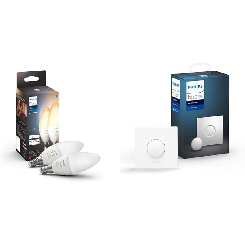 Immagine del prodotto Philips Hue Hue White Ambiance 2 Lampadine Smart Attacco E14, con Bluetooth, da Luce Fredda a Calda 5.2 W+Button, Telecomando per Controllo delle Luci Smart Hue, con Bluetooth, Bianco