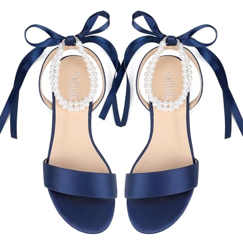 Image of Satin Wedding Flats for Bride Pearl Sandals Open Toe Bridal Shoes Flat Wedding Shoes for Bride