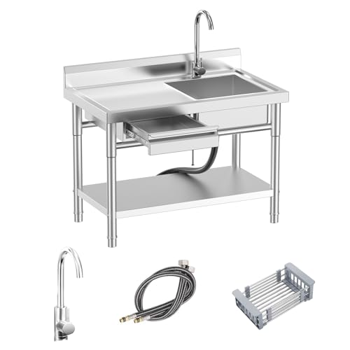 RiveraSink Plonge Inox Professionnelle et Évier sur Pied 100x55x80cm – Évier Inox avec Plan de Travail, Tiroir Intégré et Robinet Chaud/Froid, Station de...