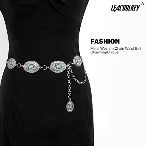 Leacoolkey Women Turquoise Concho Chain Waist Belt Silver Western Cowgirl Metal Boho Chain Belt For Dress Adjustable #TOP3