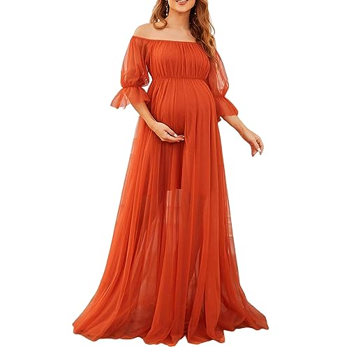Vestido de maternidad con hombros descubiertos, encaje para baby shower, vestido de boda embarazada, Naranja y rojo., M