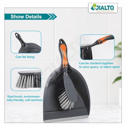 Image of JIALTO Dustpan and Brush Set with Soft Grip Handle | Heavy Duty Hand Broom & Dust Pan Combo | Durable Bristles for Home, Kitchen, Office, Table & Floor Cleaning