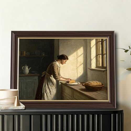 Image of Vintage Framed Kitchen Woman Canvas Art, Antique Bread Making Oil Painting Canvas Prints Pictures, Farmhouse Wall Decor for Living Room Bedroom Dining Room