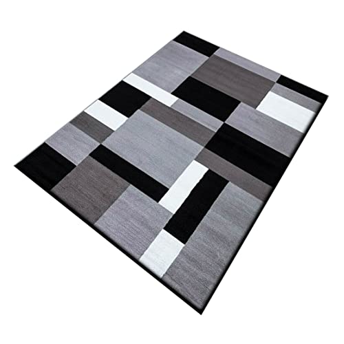 Prime Linens Grey Rug Living Room Washable Bedroom Decor Carpet Geometric Indoor Rectangular Large Floor Rugs - Flatweave Decorative Geometric Rug Bedroom (Kilas Grey Black, 120 cm x 170 cm)
