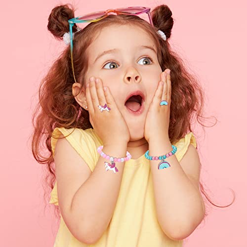 Unicorn Bracelet Ring Set - Rainbow Bracelet Shiny Crown Bracelet For Toddler Girls - Little Girl Jewel Rings Set Girl Pretend Play And Dress Up Rings #TOP3