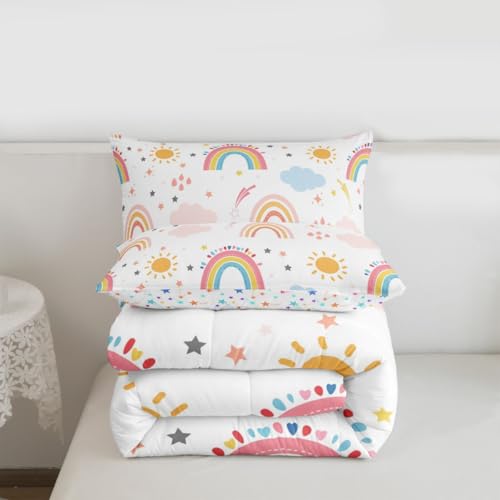 Image of Feelyou Kids Rainbow Comforter Set Full,Cute Boho Rainbow Girls Bedding Set Ultra Soft Sun and Stars Child Toddler Quilt Set Room Decor Lovely Rainbows Reversible Stars Duvet Set,Yellow Pink Blue