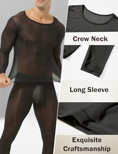FEOYA Herren Durchsichtiges Outfit Pajamas Set Männer Sexy Eisseide Schlafanzug Transparentes Netz Ausbildung Workout-T-Shirt und Unterhose 2-teilig Muskleshirt Lounge Hosen Schwarz M